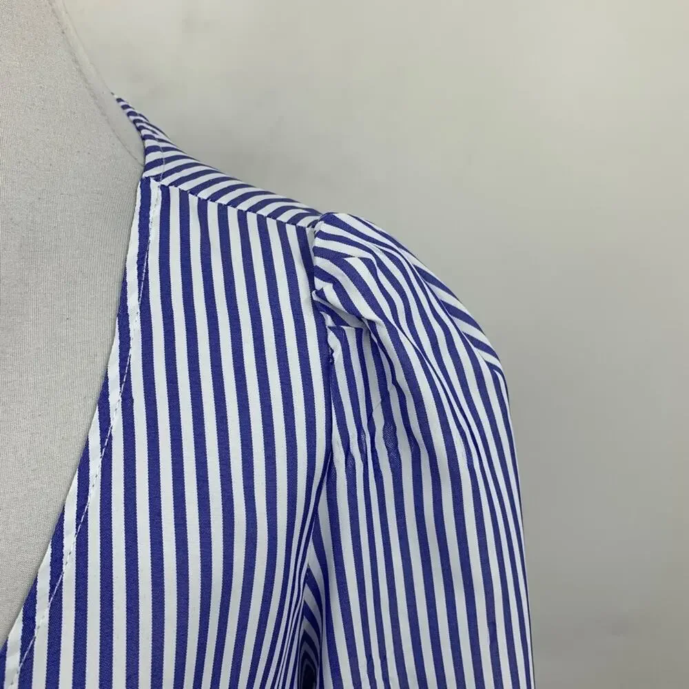 Tuckernuck Blouse Women S Small White Blue Easton Striped VNeck Long Puff Sleeve
